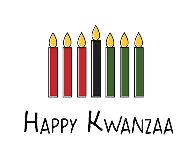 Feliz tarjeta de felicitación de kwanzaa con texto siete velas en colores africanos tradicionales rojo negro verde