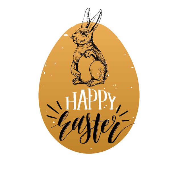 Feliz tarjeta de felicitación con letras a mano de Pascua. Vector dibujó la ilustración del conejito pascual en el fondo del huevo para el cartel de vacaciones, volante, etc.