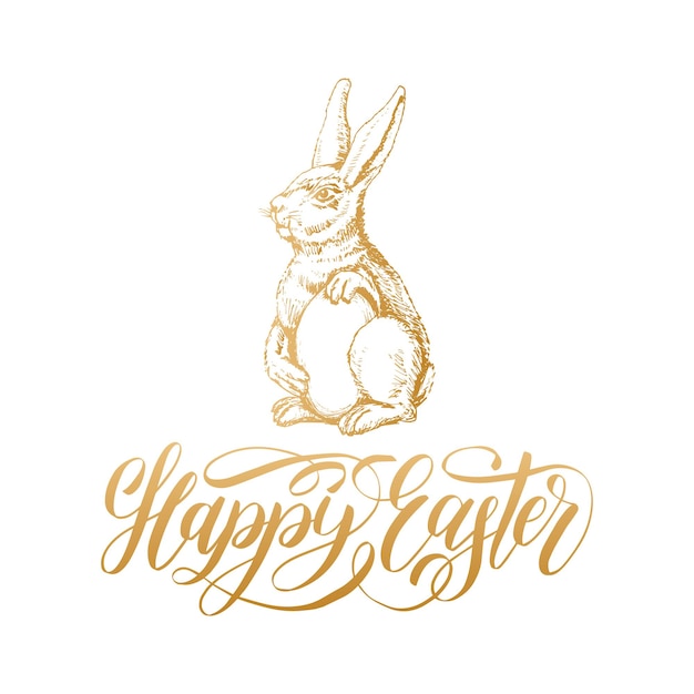Feliz tarjeta de felicitación con letras a mano de Pascua. Vector dibujó ilustración de conejito pascual sobre fondo blanco para cartel de vacaciones, volante, etc.