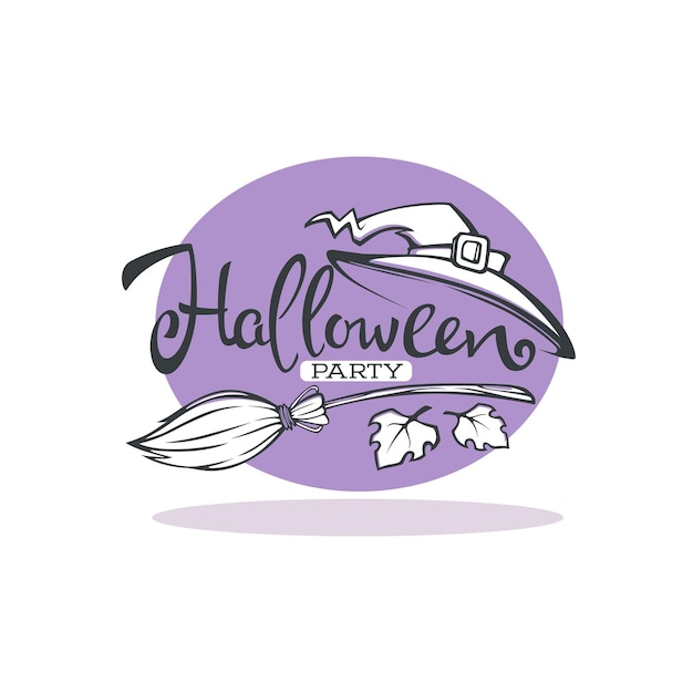 Feliz tarjeta de felicitación lineal de halloween con composición de letras y sombrero de bruja