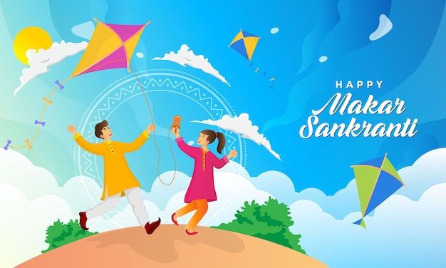 Feliz tarjeta de felicitación de Makar Sankranti. Niño indio y niña jugando cometas celebrando el festival Makar Sankranti