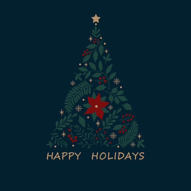 Feliz tarjeta de felicitación de Navidad con adorno floral cuadrado de moda vacaciones de invierno plantillas de arte