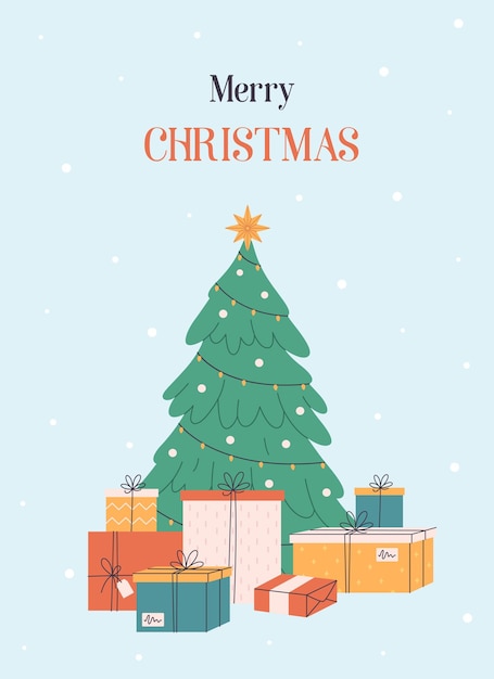 Feliz tarjeta de felicitación de Navidad Árbol de Navidad con cajas de regalos Regalos de Navidad