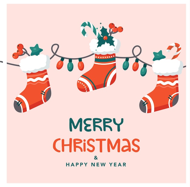 Feliz tarjeta de felicitación de Navidad con calcetines y guirnaldas