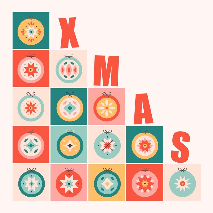 Vector feliz tarjeta de felicitación de navidad con colección de juguetes de árbol de navidad bolas de navidad coloridas y brillantes