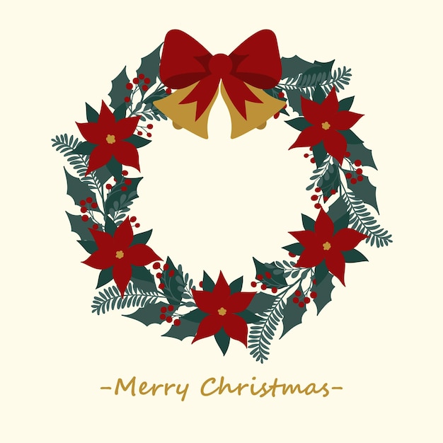 Feliz tarjeta de felicitación de Navidad con corona de flores con un lazo con campanas