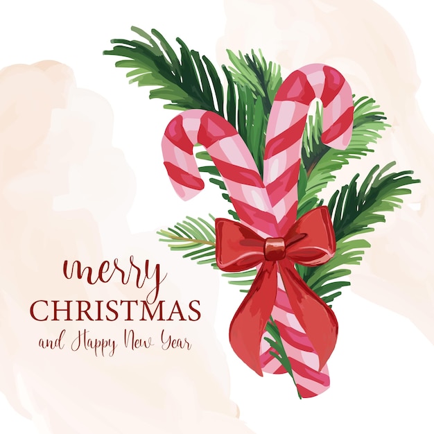 Feliz tarjeta de felicitación de Navidad con dulces rojos, almuerzos de abeto y reverencia.