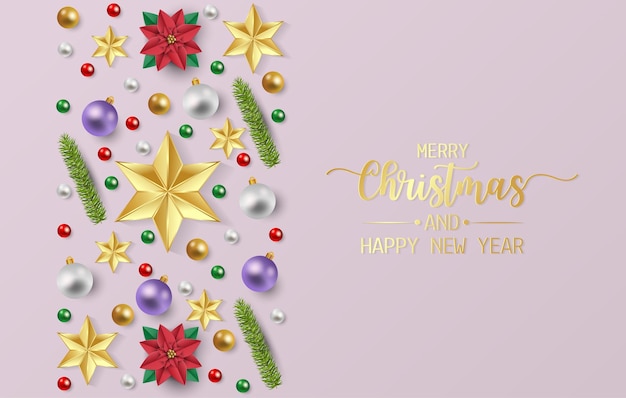 Feliz tarjeta de felicitación de Navidad con flores de poinsettia rojas bolas blancas y púrpuras y estrella dorada en fondo rosa Ilustración vectorial