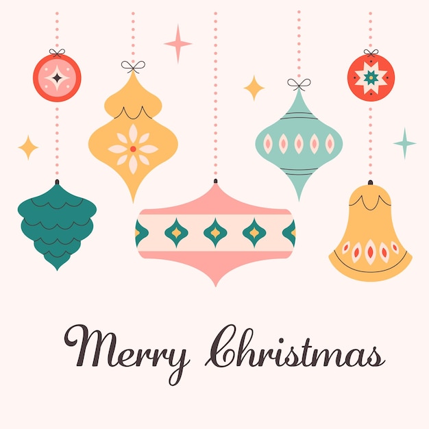 Feliz tarjeta de felicitación de Navidad con juguetes de árbol de Navidad bolas de Navidad coloridas y brillantes