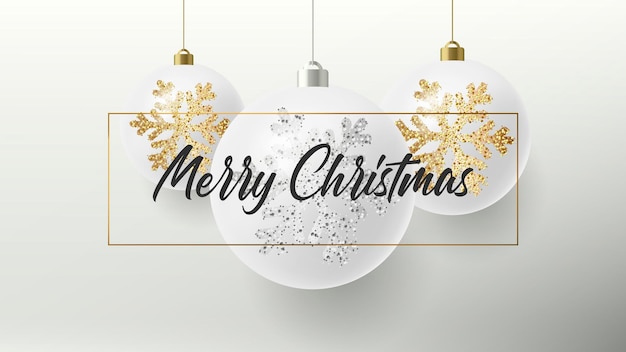 Feliz tarjeta de felicitación de Navidad o afiche con bolas de Navidad realistas blancas colgando en un marco