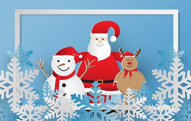 Feliz tarjeta de felicitación de Navidad tarjeta postal con Santa Claus hombre de nieve renos y copo de nieve en fondo azul estilo de corte de papel