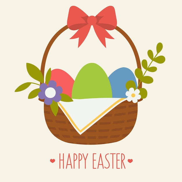 Feliz tarjeta de felicitación de Pascua con una canasta de mimbre llena de huevos pintados y flores de primavera con un lazo rojo