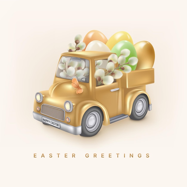 Vector feliz tarjeta de felicitación de pascua con coche de juguete y huevos con sauce