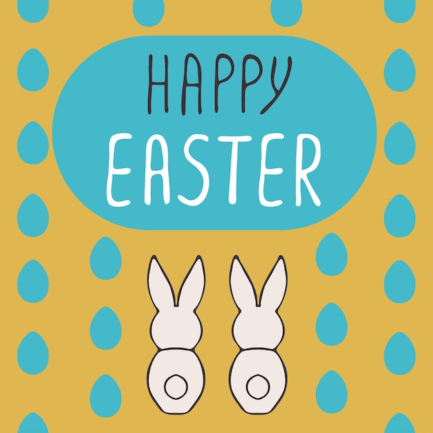 Feliz tarjeta de felicitación de Pascua con conejitos y letras dibujadas a mano, ilustración vectorial de diseño, símbolo de vacaciones. Borde sin costuras de huevos de Pascua.