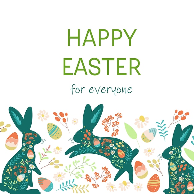 Feliz tarjeta de felicitación de Pascua conejitos de primavera con huevos de textura floral y plantas para el volante postal