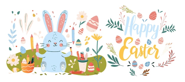 Feliz tarjeta de felicitación de Pascua con conejo y huevos en colores pastel tarjeta de celebración de vacaciones de primavera horizontal