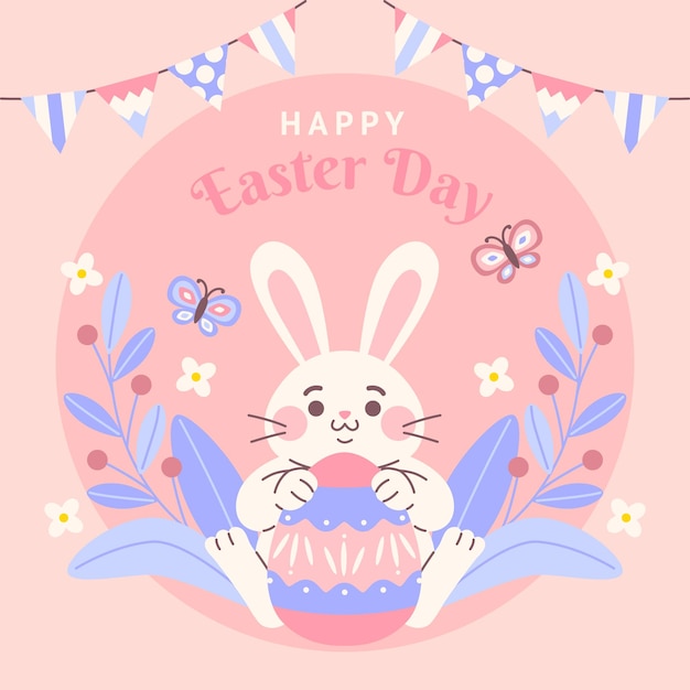 Feliz tarjeta de felicitación de Pascua con un conejo lindo y un huevo Ilustración vectorial