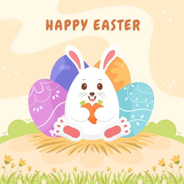 Vector feliz tarjeta de felicitación de pascua con conejo lindo y huevos