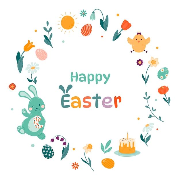 Feliz tarjeta de felicitación de Pascua Un conejo sonriente sostiene un huevo de Pascua en su pata y agita