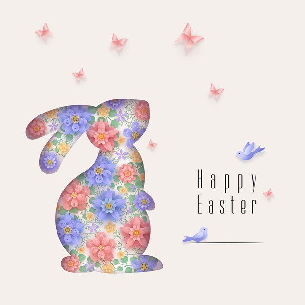 Feliz tarjeta de felicitación de Pascua con decoración de plantas de hierbas de flores dentro de siluetas en capas de conejo