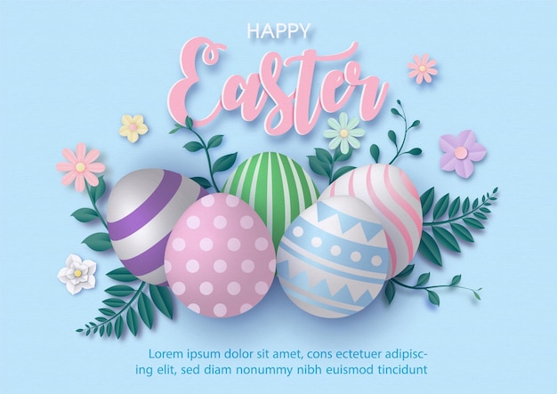 Feliz tarjeta de felicitación de pascua en estilo de corte de papel y diseño vectorial