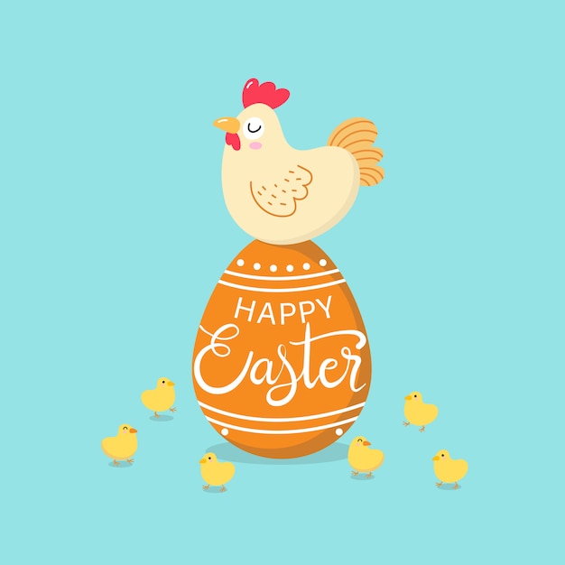 Feliz tarjeta de felicitación de Pascua con gallina, pollito y huevos