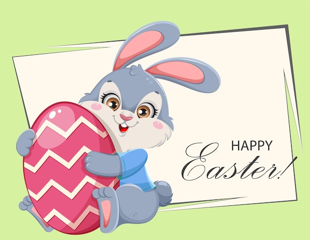 Feliz tarjeta de felicitación de Pascua El gracioso personaje de dibujos animados conejo sostiene un huevo pintado