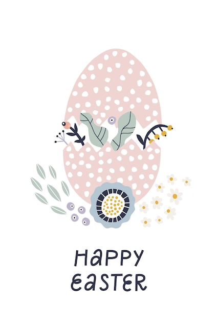 Vector feliz tarjeta de felicitación de pascua con huevo decorativo y deseos de vacaciones escritos a mano