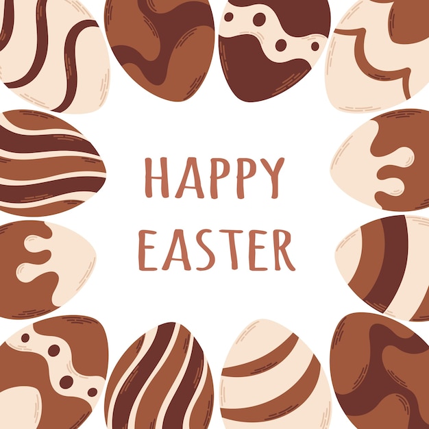 Feliz tarjeta de felicitación de Pascua. Huevos de chocolate. dulces de pascua