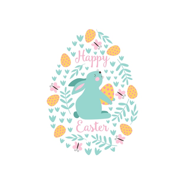 Feliz tarjeta de felicitación de Pascua con ilustraciones de vectores de conejo