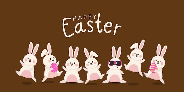 Feliz tarjeta de felicitación de Pascua con lindo conejito blanco y huevos