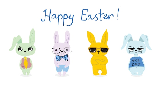 Feliz tarjeta de felicitación de Pascua con lindos conejos Vector mano amanecer ilustración