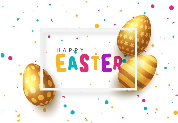 Feliz tarjeta de felicitación de Pascua. Marco blanco con letras multicolores y huevos dorados. Fondo claro sembrado de confeti festivo. ilustración vectorial