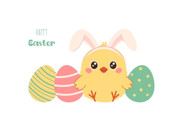Feliz tarjeta de felicitación de Pascua con un pollo amarillo lindo y huevos de colores pollo de Pascua Con orejas de conejo