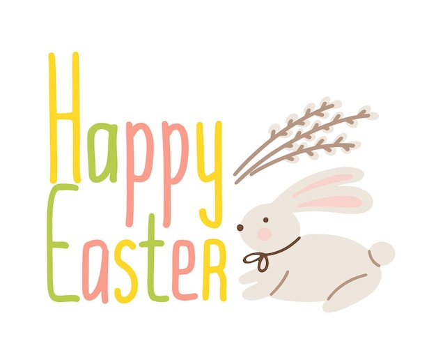 Feliz tarjeta de felicitación de Pascua con ramas de conejo y sauce