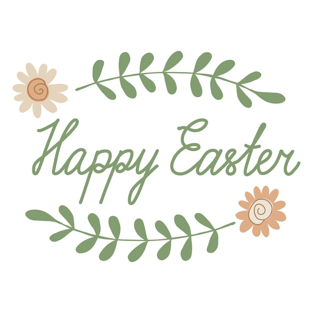 Feliz tarjeta de felicitación de Pascua con ramitas de letras dibujadas a mano y flores de margarita