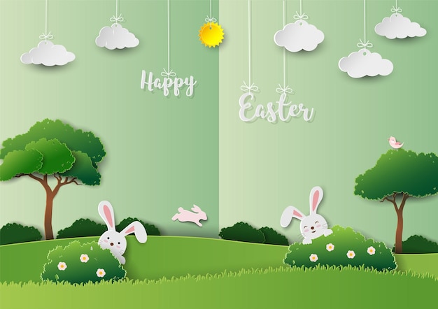 Feliz tarjeta de felicitación de pascua sobre fondo de corte de papel verde para vacaciones festivas de primavera
