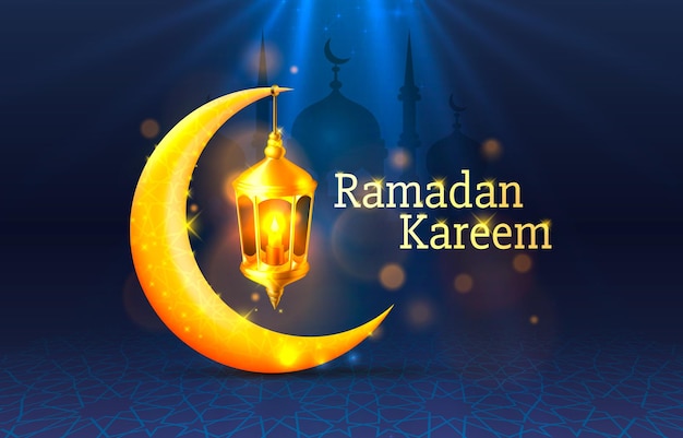 Feliz tarjeta de felicitación de ramadán kareem con luna creciente y lámpara