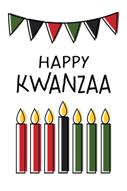 Feliz tarjeta de felicitación vertical de Kwanzaa con bandera empavesado siete velas Lindo cartel simple