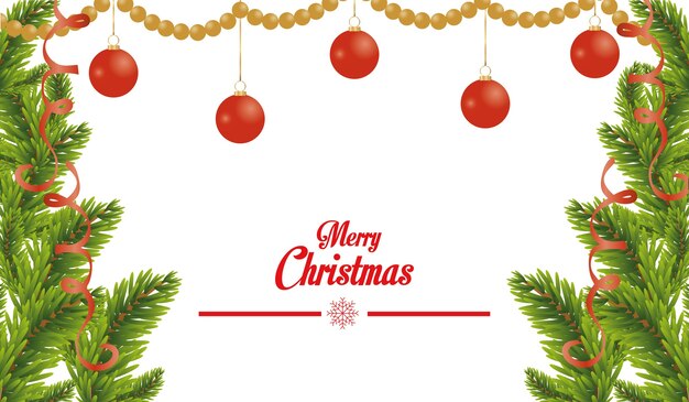 Feliz tarjeta de feliz navidad con bolas colgantes y pinos