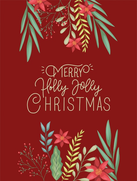 Vector feliz tarjeta de feliz navidad con decoración floral y caligrafía