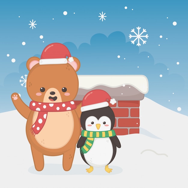 Feliz tarjeta de feliz navidad con osito de peluche y pingüino