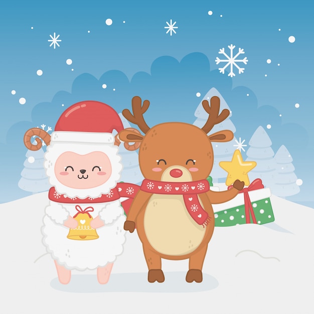 Feliz tarjeta de feliz navidad con ovejas y ciervos