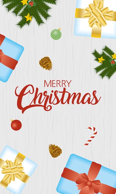 feliz tarjeta de feliz navidad con regalos y frutos secos.