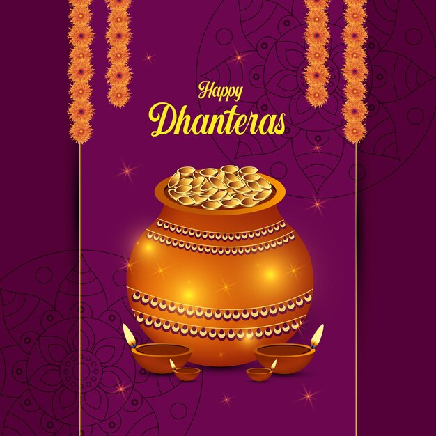 Feliz tarjeta del festival dhanteras con olla de monedas de oro