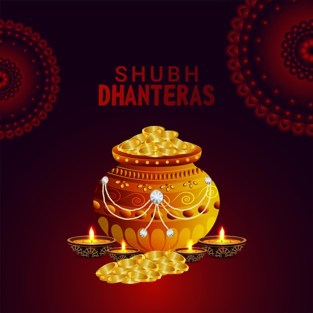 Feliz tarjeta del festival hindú de Dhanteras con olla de moneda de oro y lámpara de aceite
