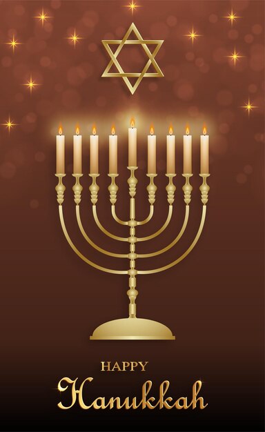Feliz tarjeta de Hanukkah con símbolos bonitos y creativos y estilo de corte de papel dorado en fondo de color
