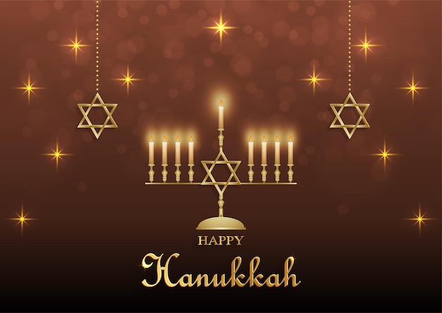 Feliz tarjeta de Hanukkah con símbolos bonitos y creativos y estilo de corte de papel dorado en fondo de color