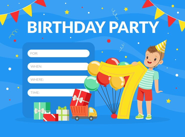 Vector feliz tarjeta de invitación festiva con niño con sombrero de cumpleaños cerca del número siete y globos ilustración vectorial
