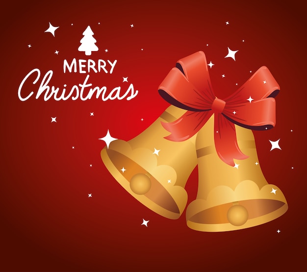 Feliz tarjeta de letras de feliz navidad con campanas de oro y diseño de ilustración de arco